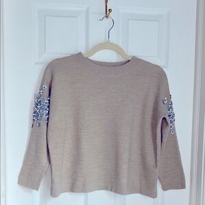 J. Crew Tan Crewneck Sweater with Floral Bead and Sequin Embellished Sleeves